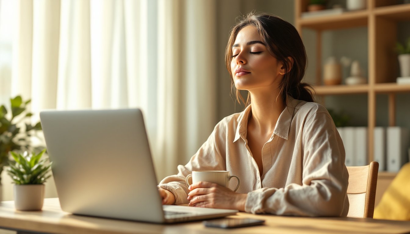 Woman pausing at her desk for a calm breathing break in afternoon sunlight.