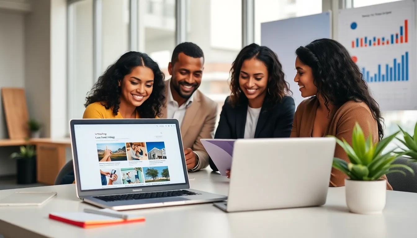 diverse team collaborating on a blogging platform in a bright office.