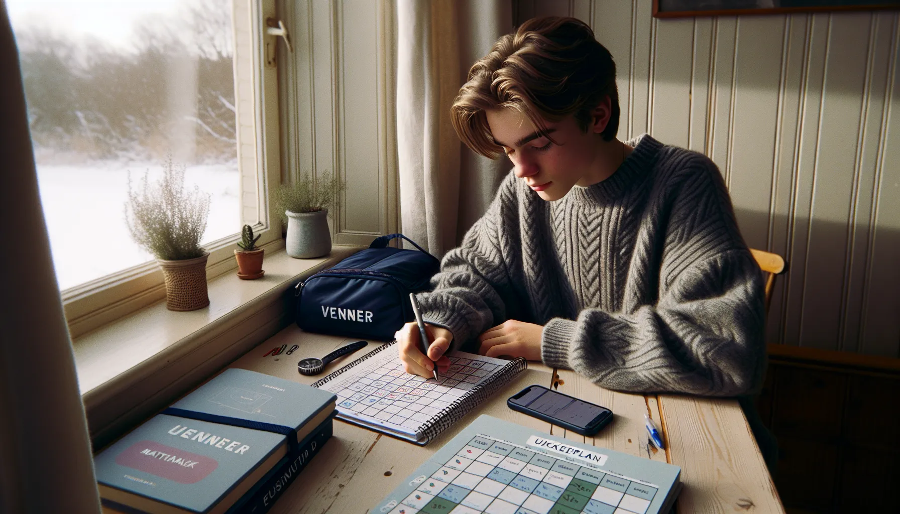 Slik kan du balanserer skole, fritid og venner 3 Norwegian teen color-coding a weekly planner for school, leisure, and friends.