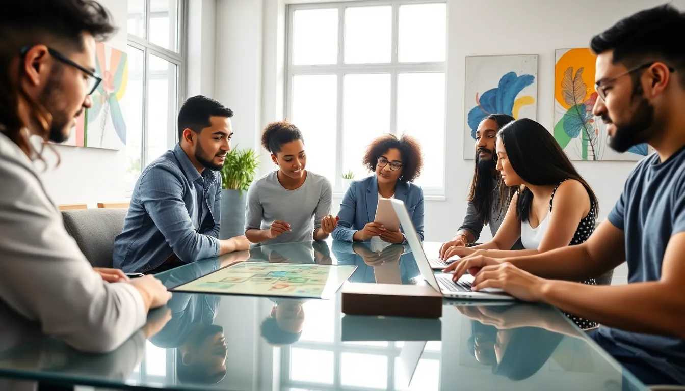 diverse professionals collaborating in a creative workspace.