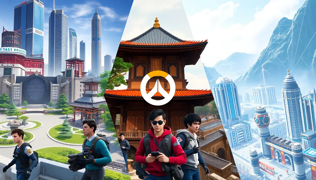 collage of diverse Overwatch maps showcasing urban and futuristic settings.