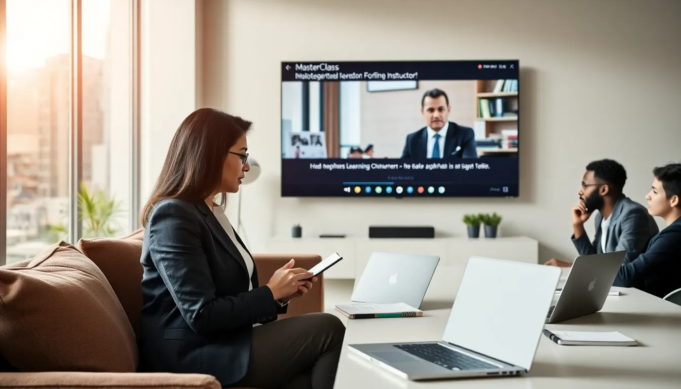 professionals engaged in an online MasterClass session in a modern workspace.
