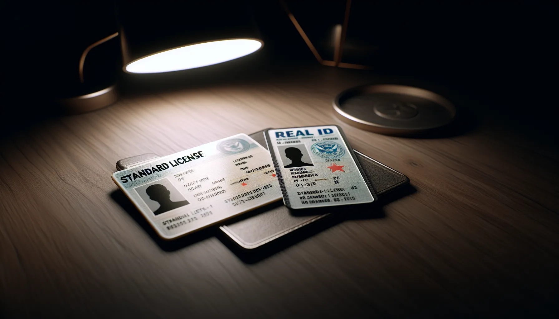 Two ID cards showing differences between a REAL ID and a standard license.