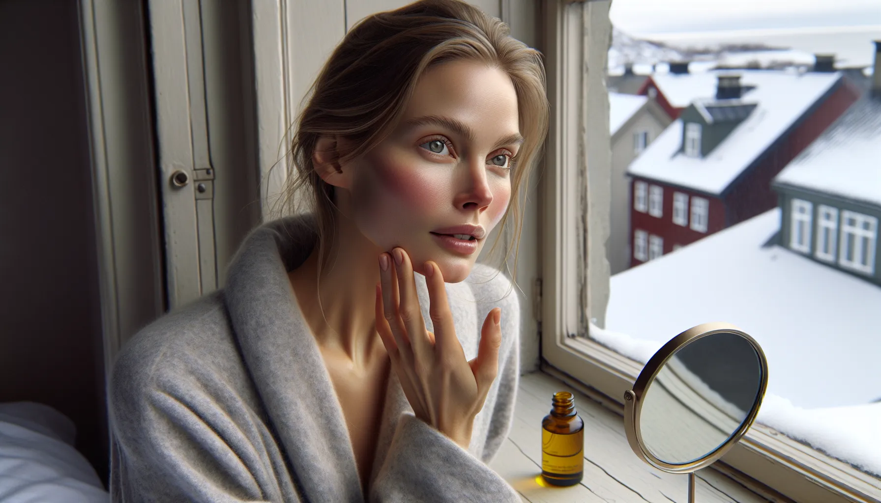 Norwegian woman massaging ayurvedic oil into her face on a bright winter morning.