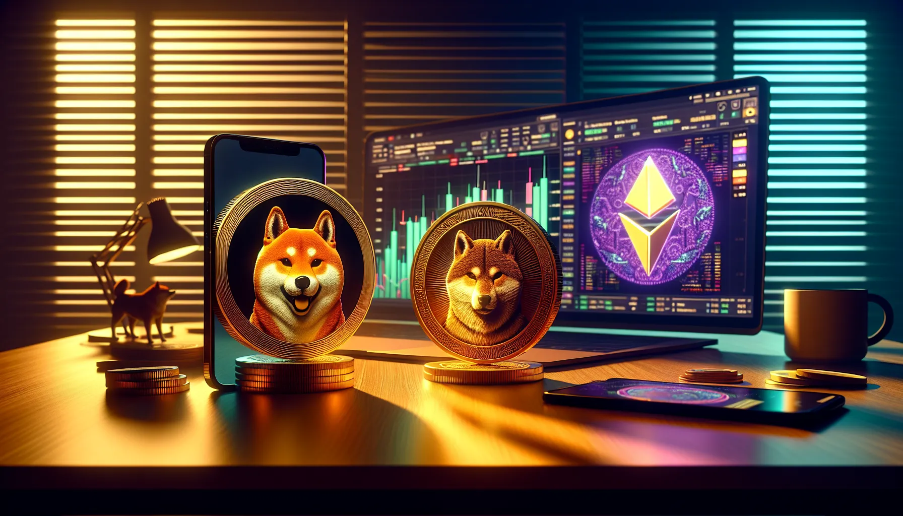 Split view of Shiba Inu and Floki Inu cryptocurrency tokens with trading charts on smartphone.