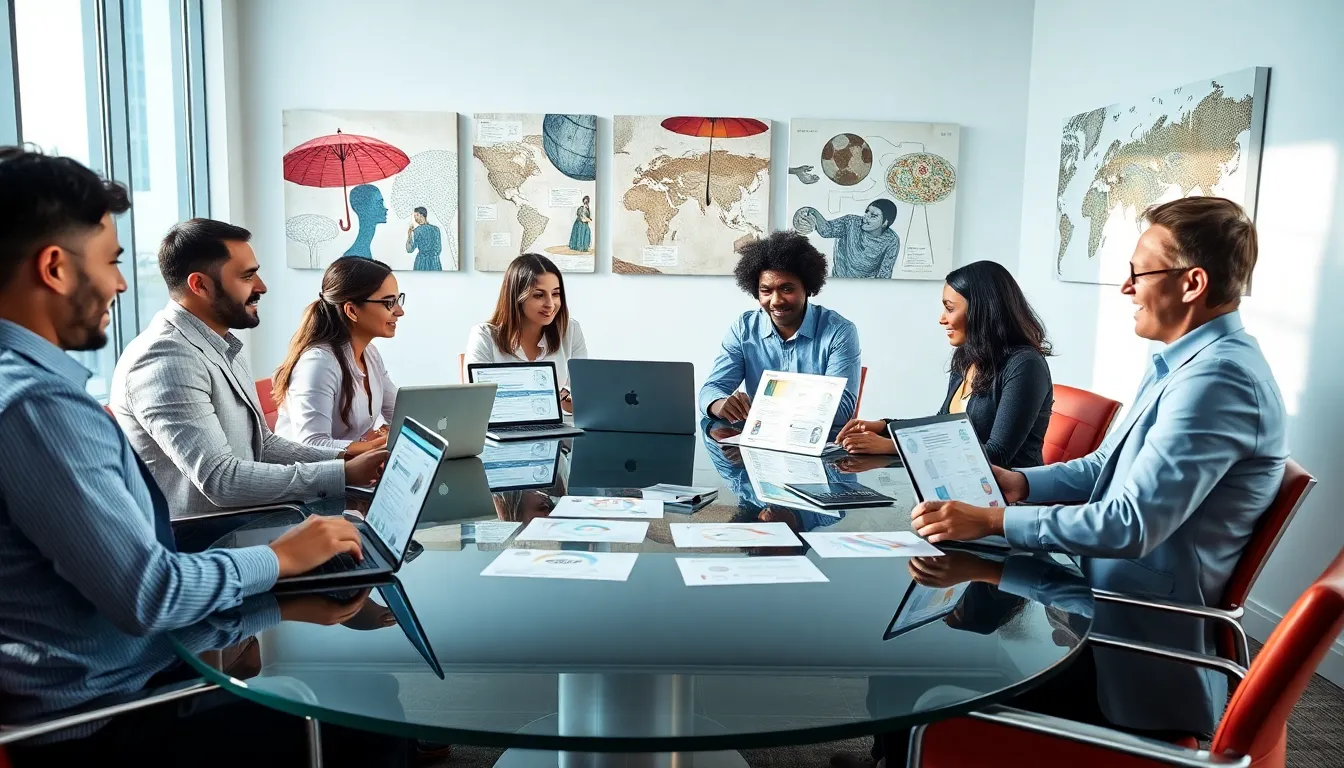 diverse professionals discussing concepts of communication in a modern office.
