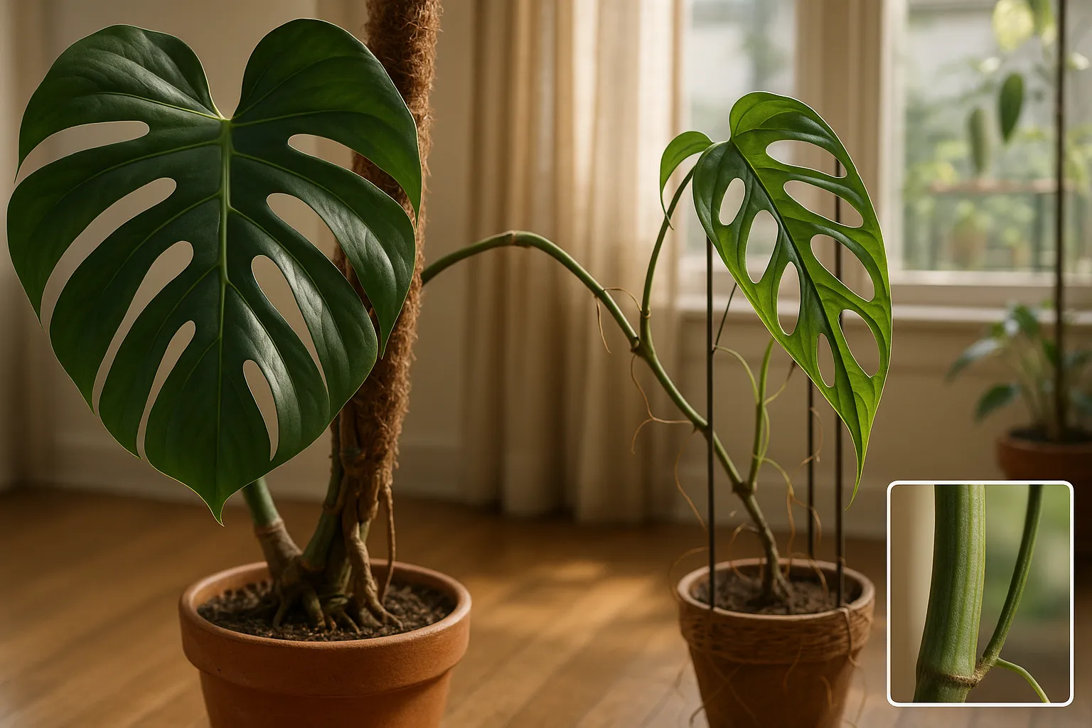 Two Monstera plants side-by-side showing different leaf shapes and holes.
