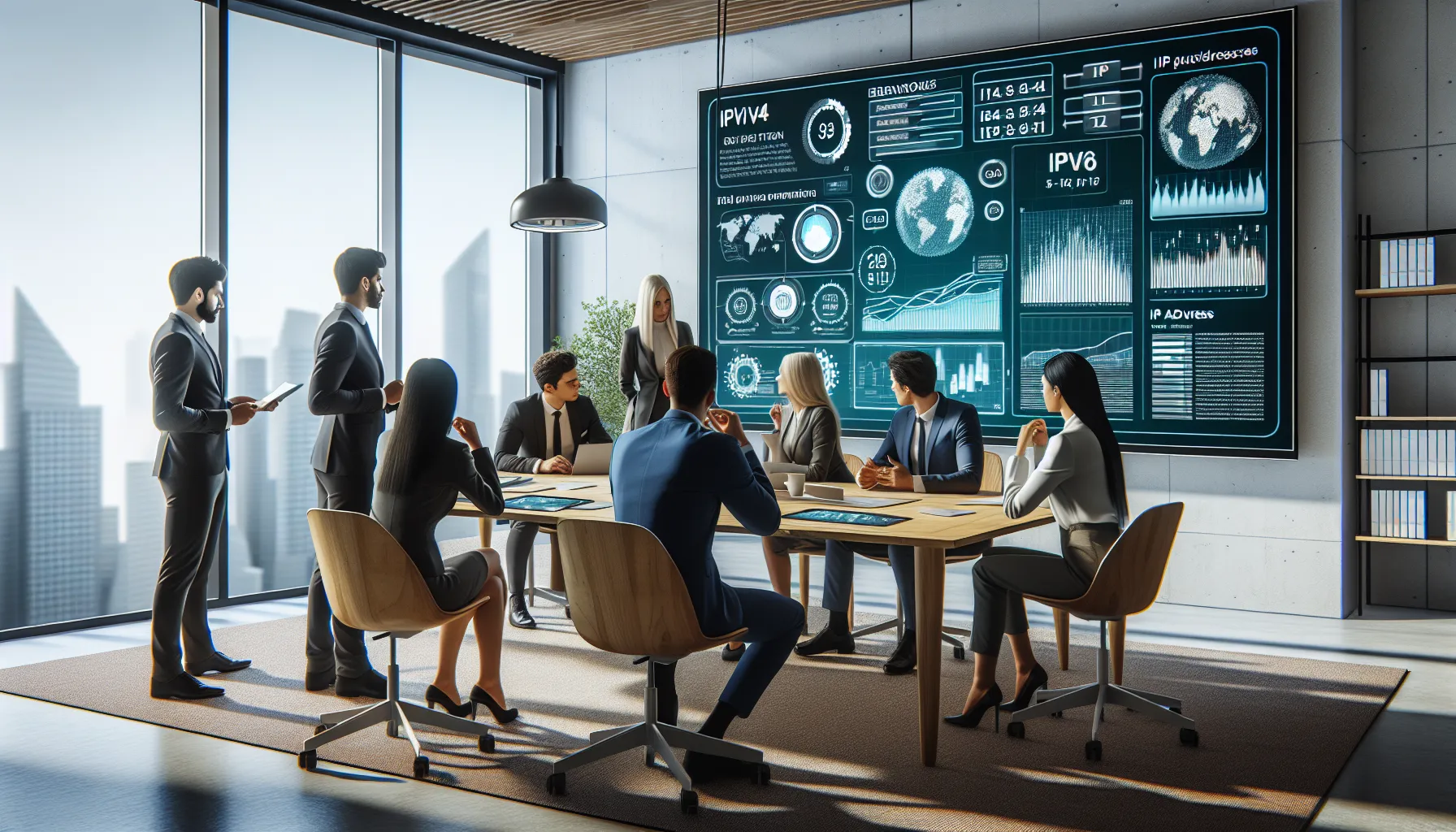 diverse team discussing IP address concepts in a modern office setting.