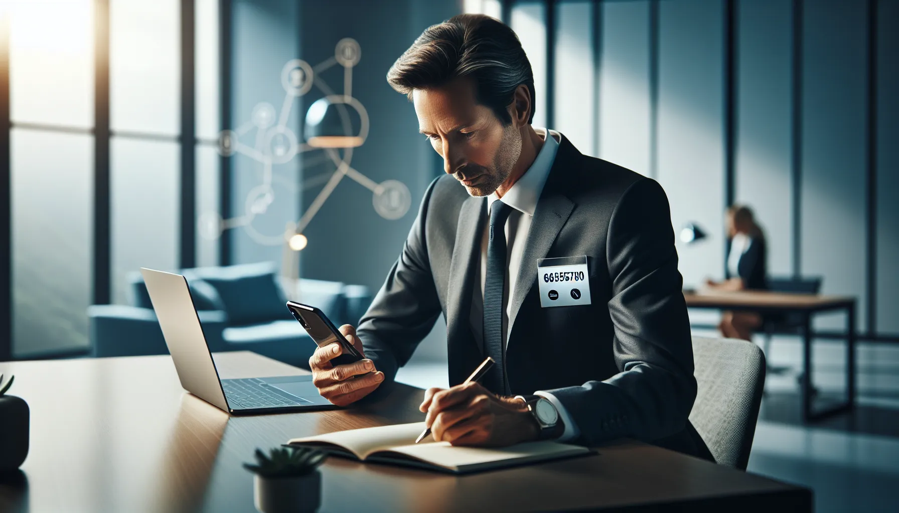 professional reviewing a voicemail in a modern office.