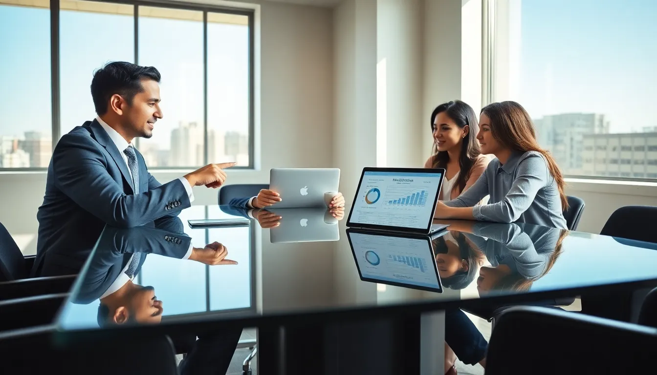 financial advisor discussing tax planning with a couple in a modern office.