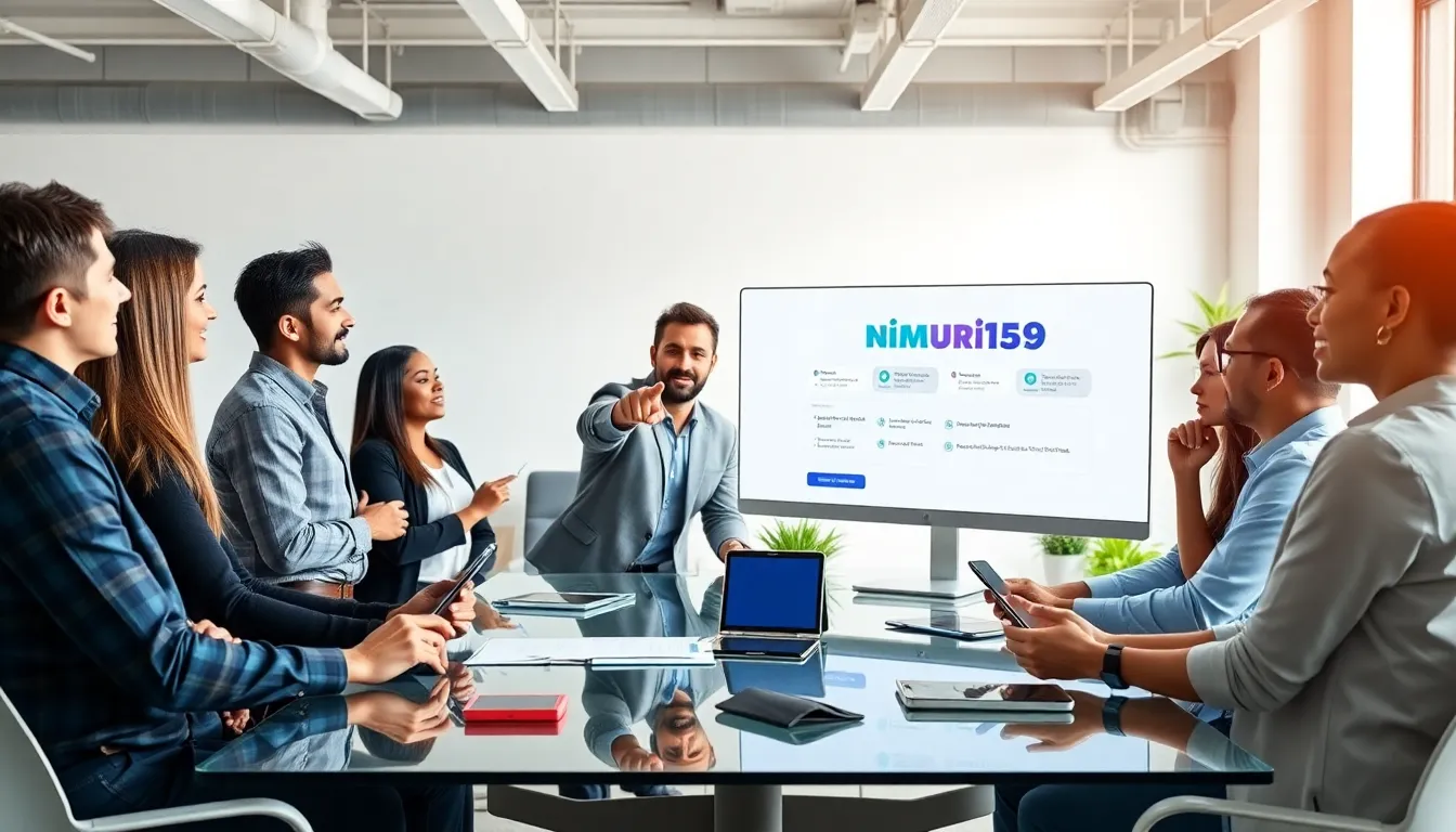 Diverse team collaborating around Nimuri159 platform in a modern office.