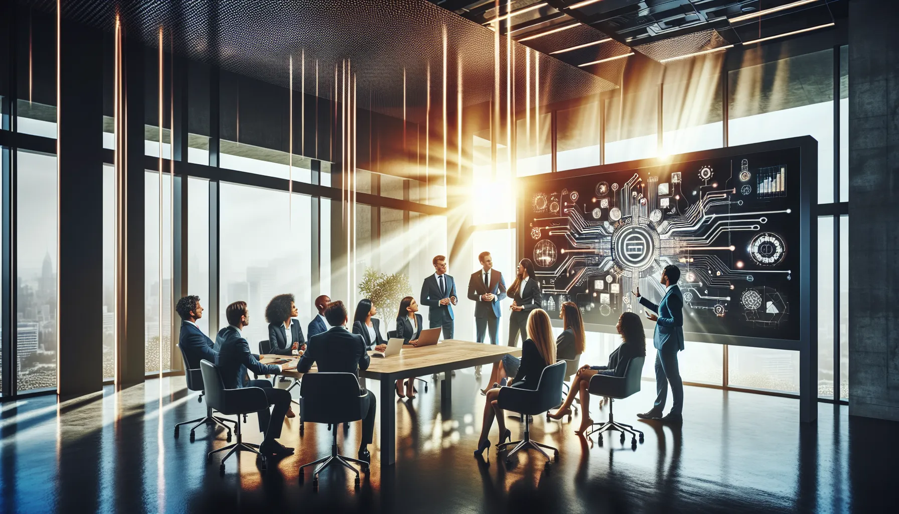 diverse professionals collaborating in a modern office on Djqcvjl applications.