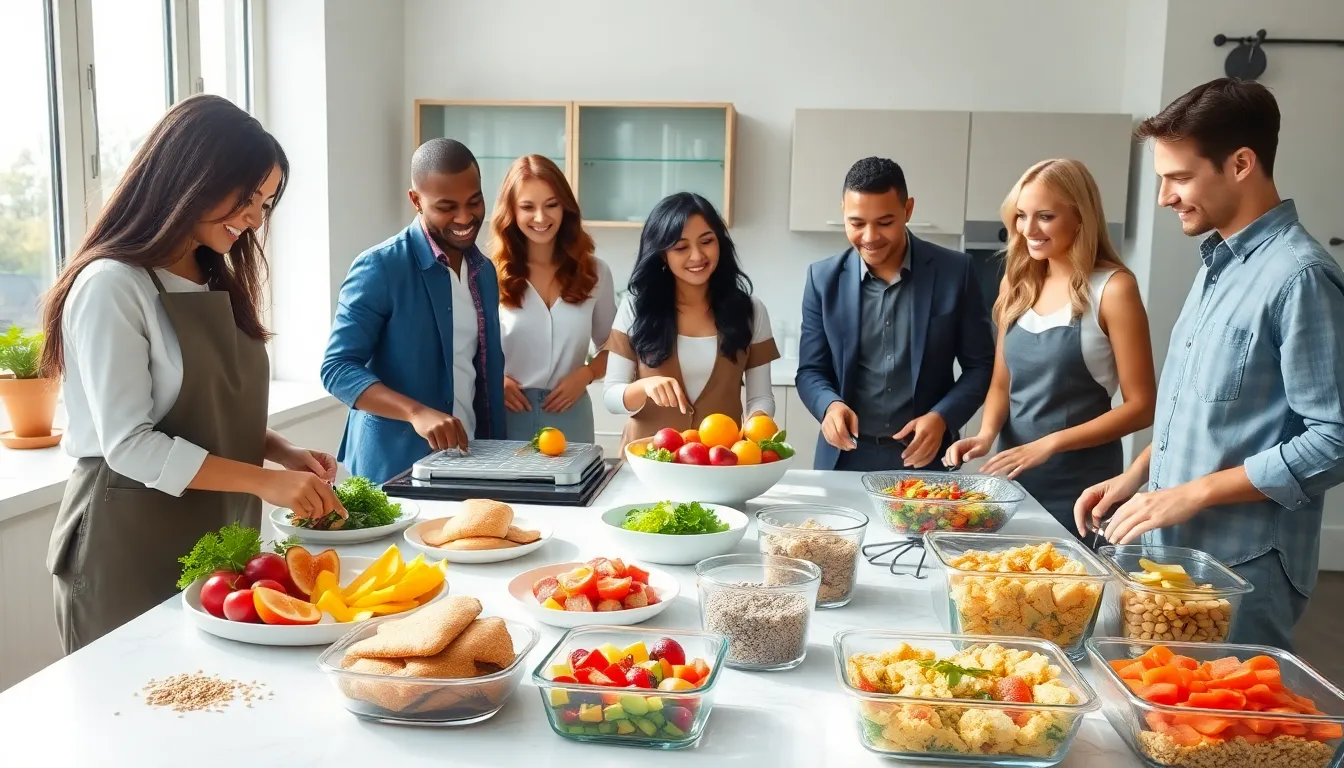 diverse group preparing a healthy brunch in a modern kitchen.