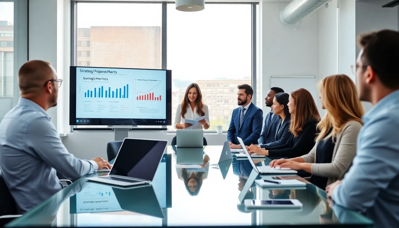 Stacy Klinger leading a team meeting in a modern office.