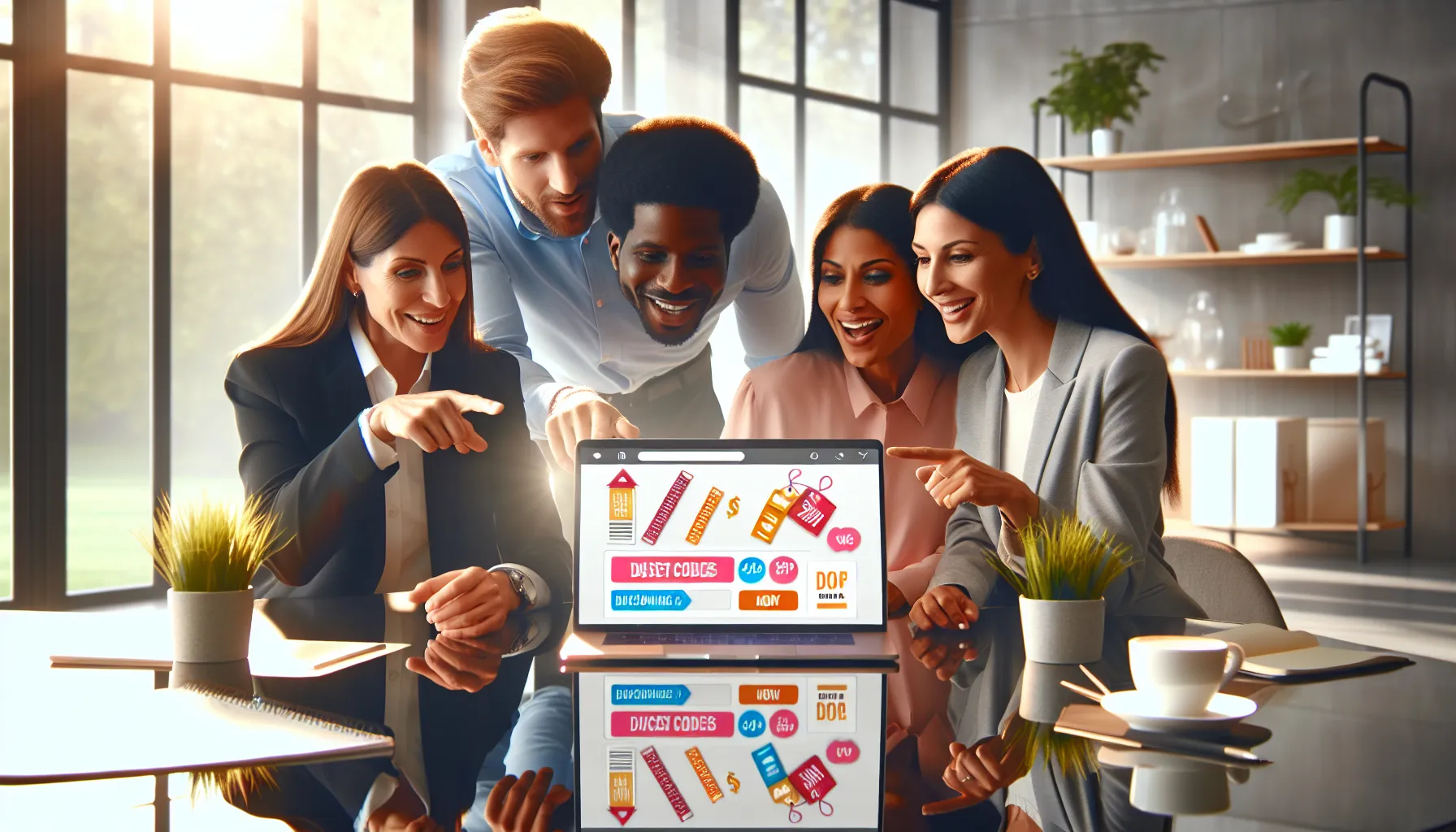professionals discussing online discount codes in a modern office.