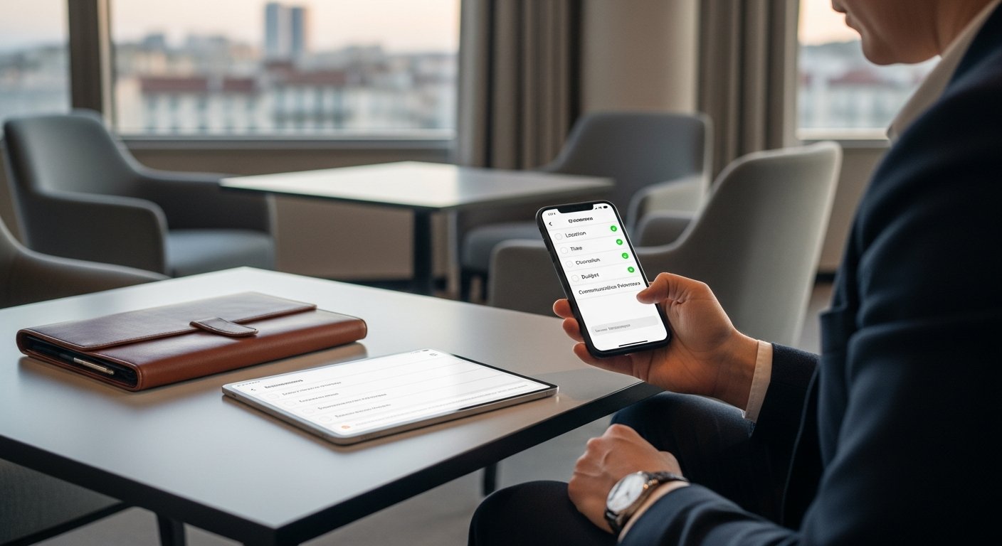 Person reviewing a clear checklist on a phone in a discreet lounge.