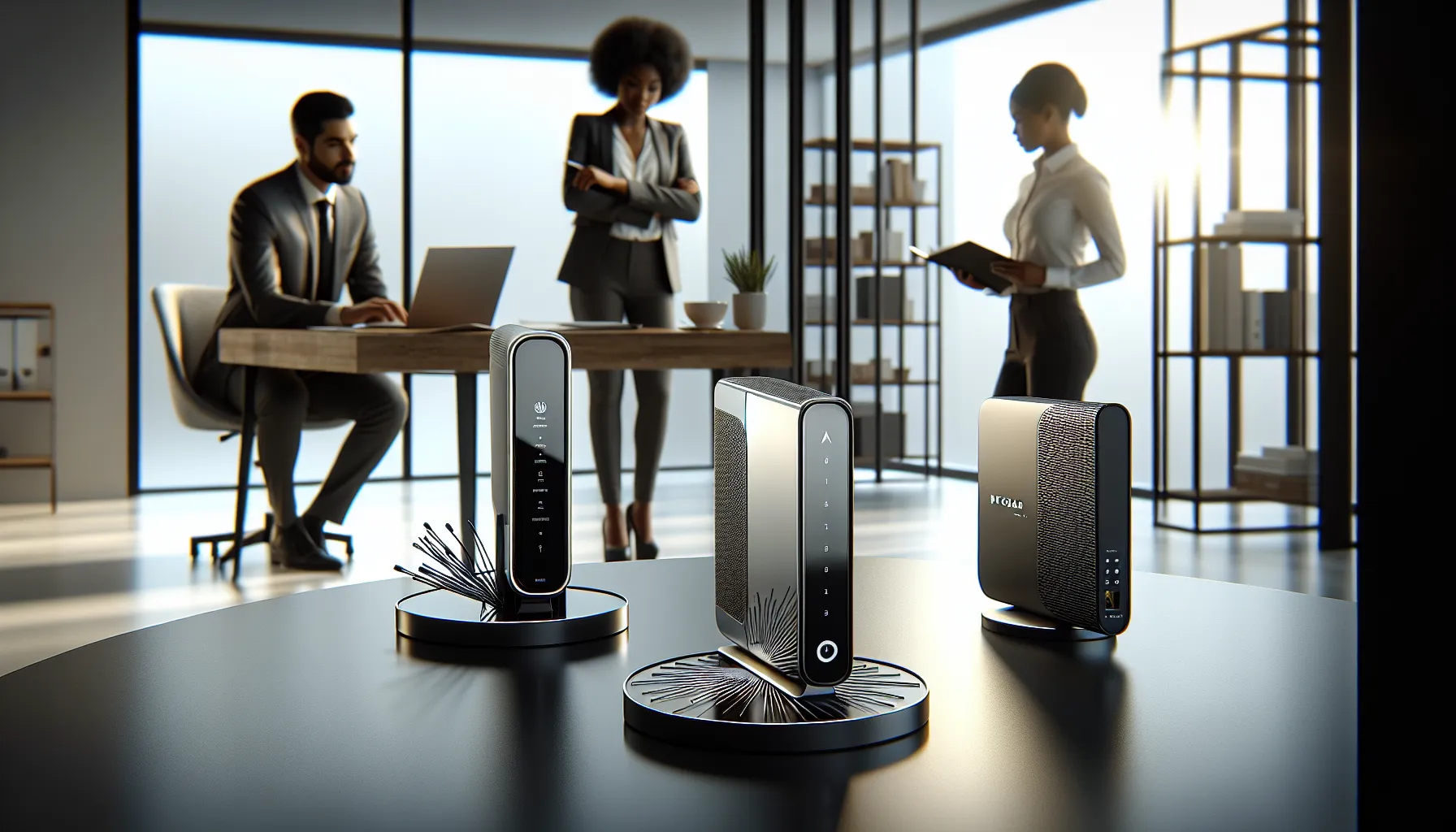 professionals discussing the Motorola MB8600 and Netgear CM1000 modems in an office.