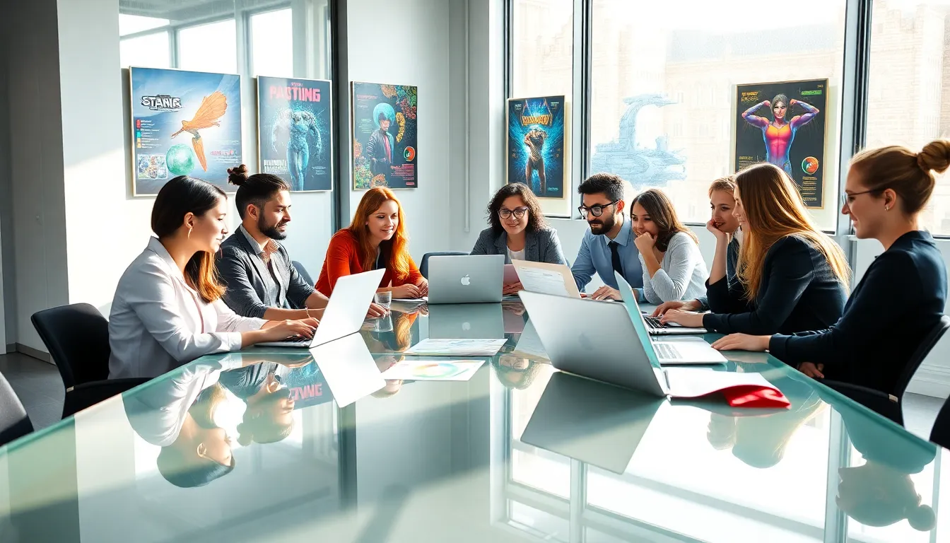 diverse team collaborating in a modern gaming office.