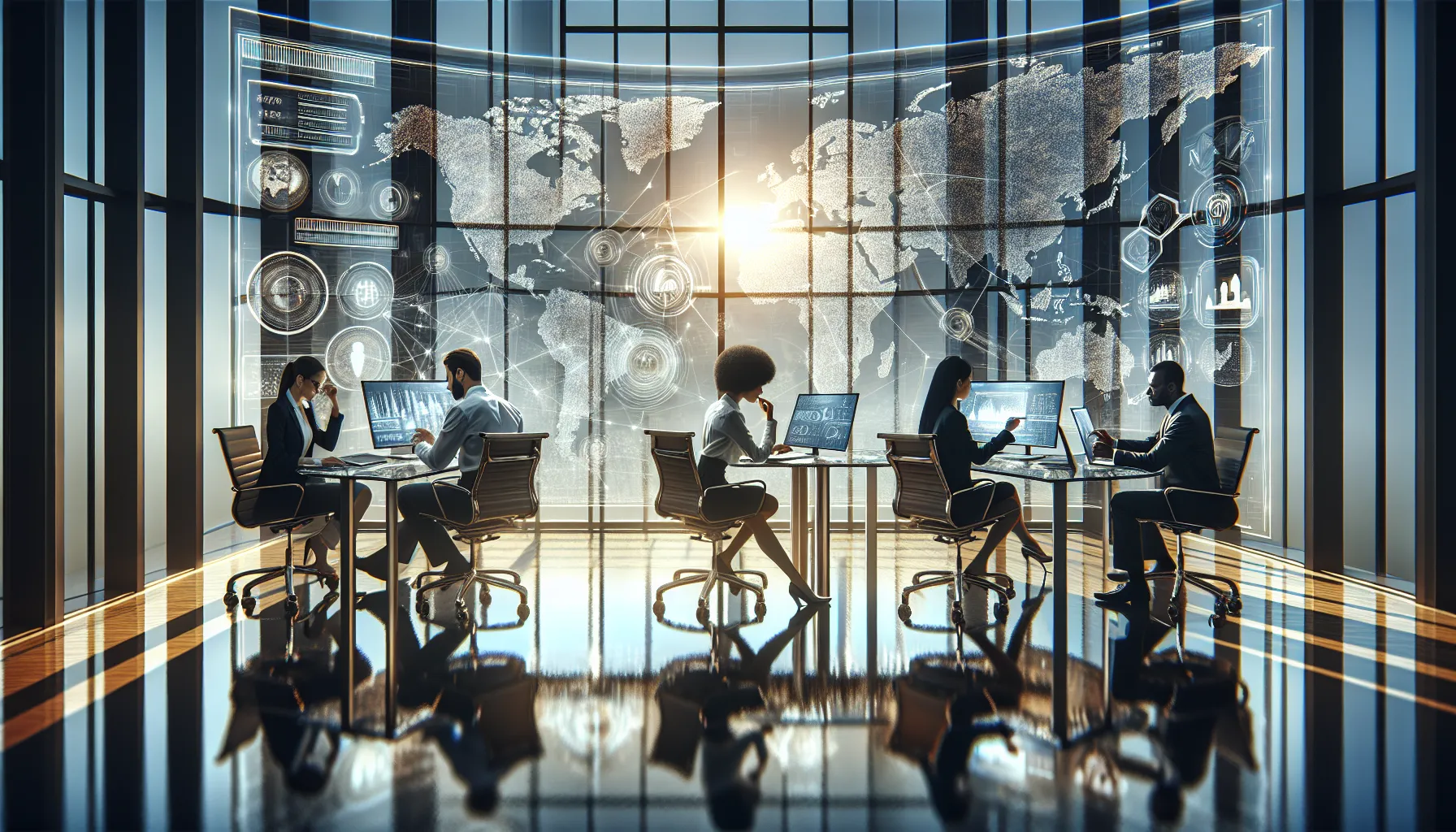 diverse team collaborating in a modern telecommunications office.