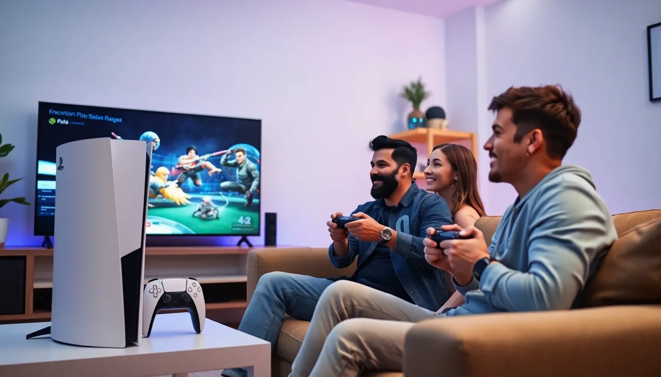 gamers enjoying an exclusive PS5 game in a modern living room.