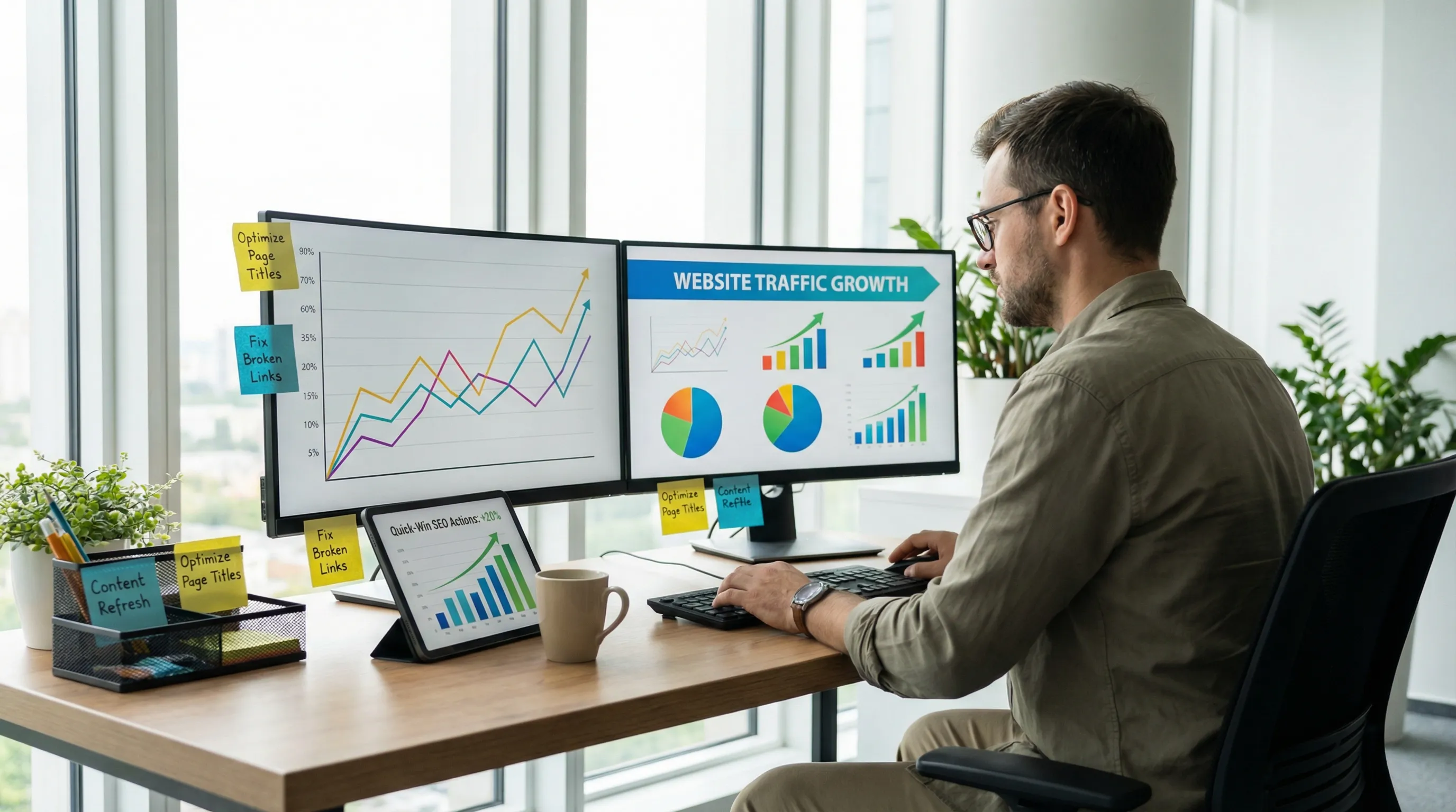 Analyst examining SEO performance dashboards with rising traffic graphs in a bright, organized office.