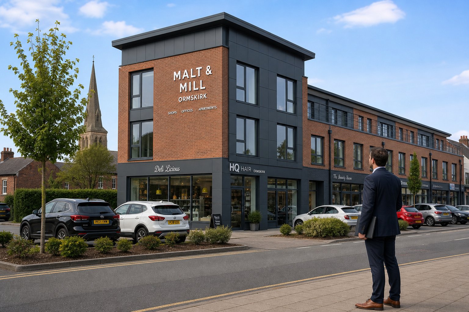Professional viewing a modern commercial property exterior in Ormskirk during daylight.