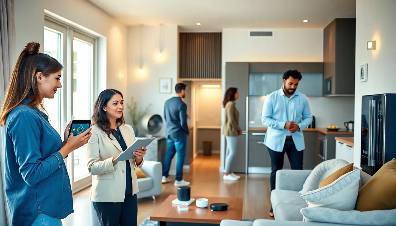 professionals demonstrating smart home devices in a modern apartment.