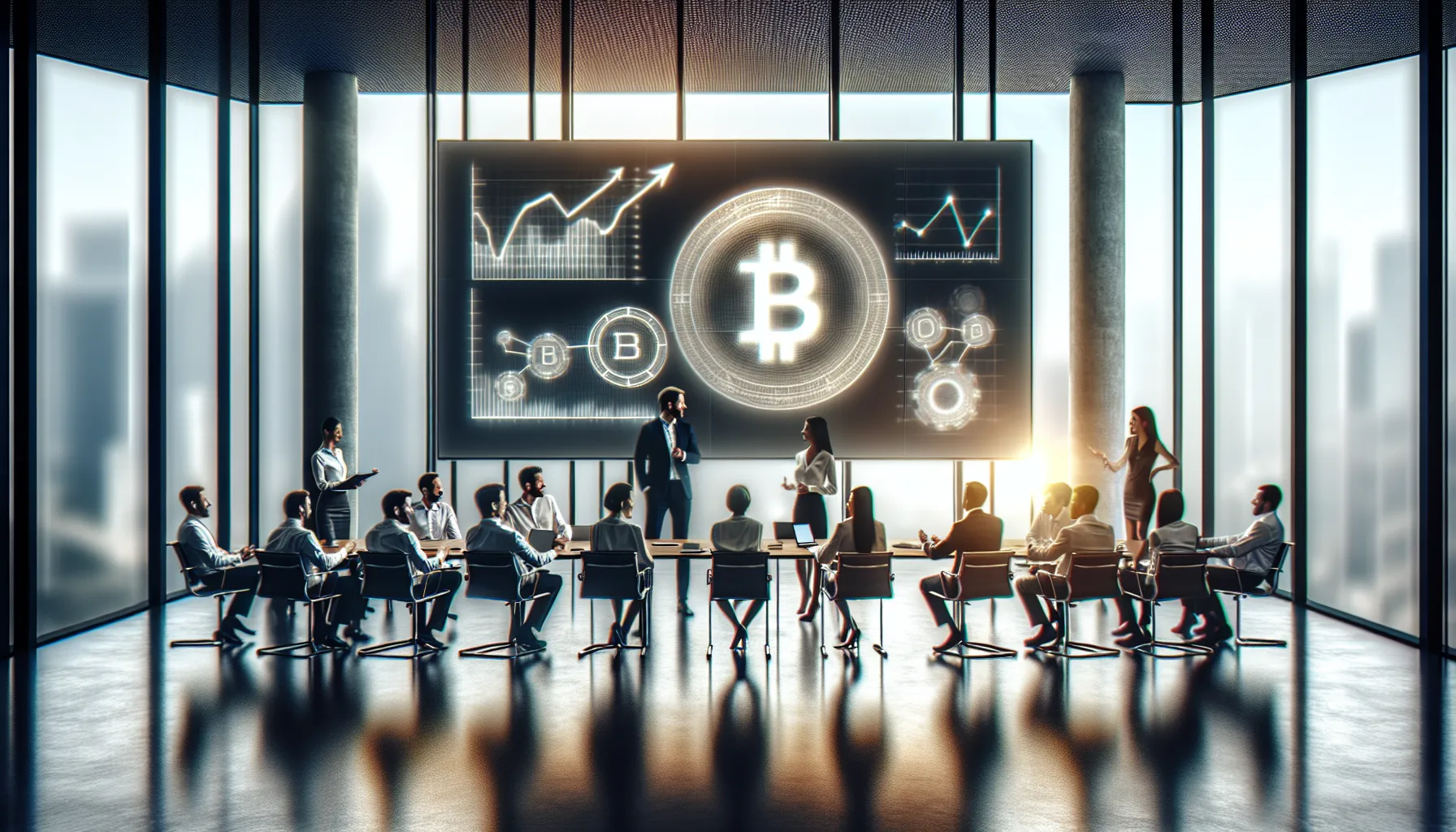 diverse team discussing cryptocurrency in a modern office.