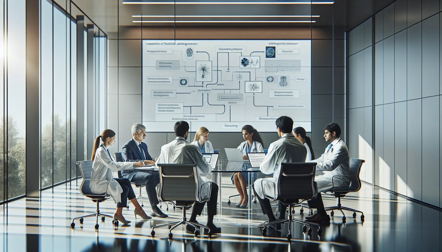 healthcare professionals collaborating on medical taxonomy in a modern office.