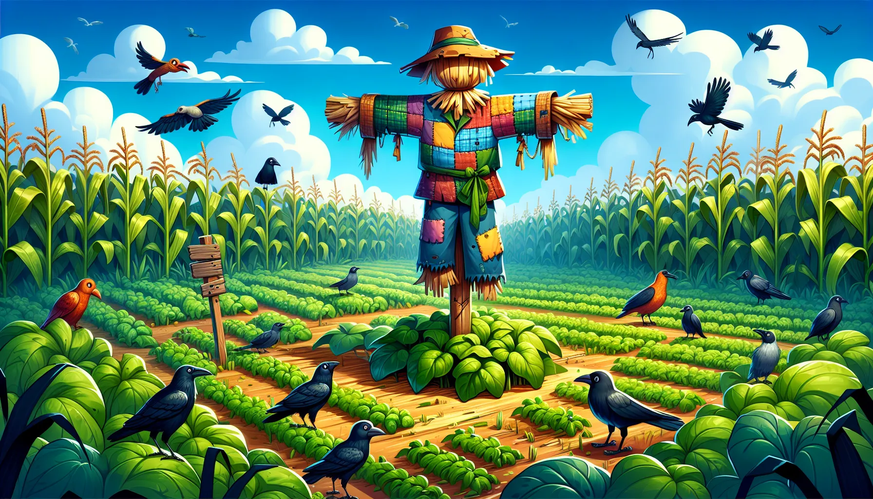 colorful scarecrow in a vibrant OSRS field with crops and hovering birds.