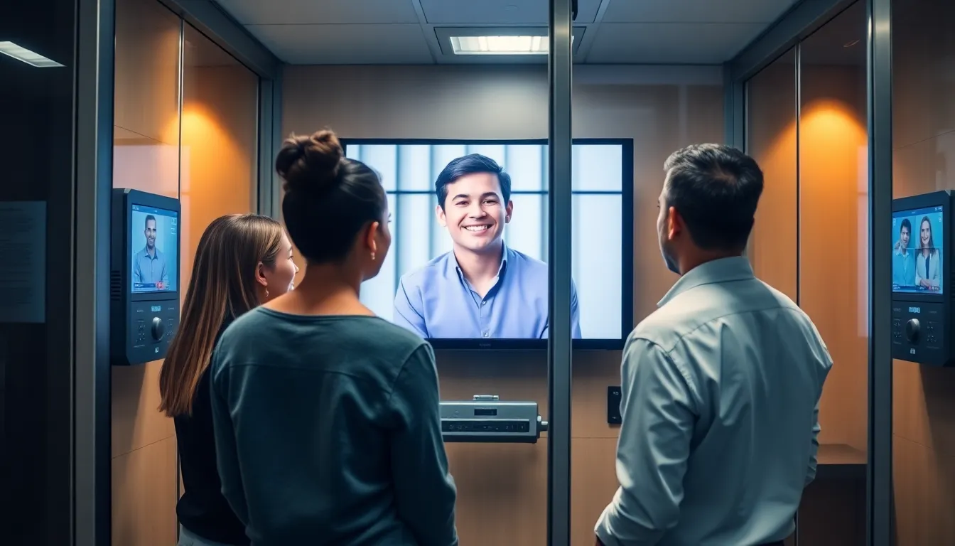 people using a video call system in a prison communication booth.