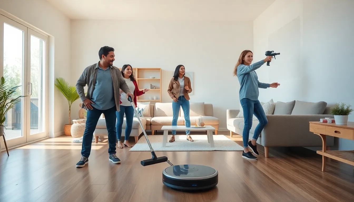 diverse homeowners using modern home improvement gadgets in a living room.