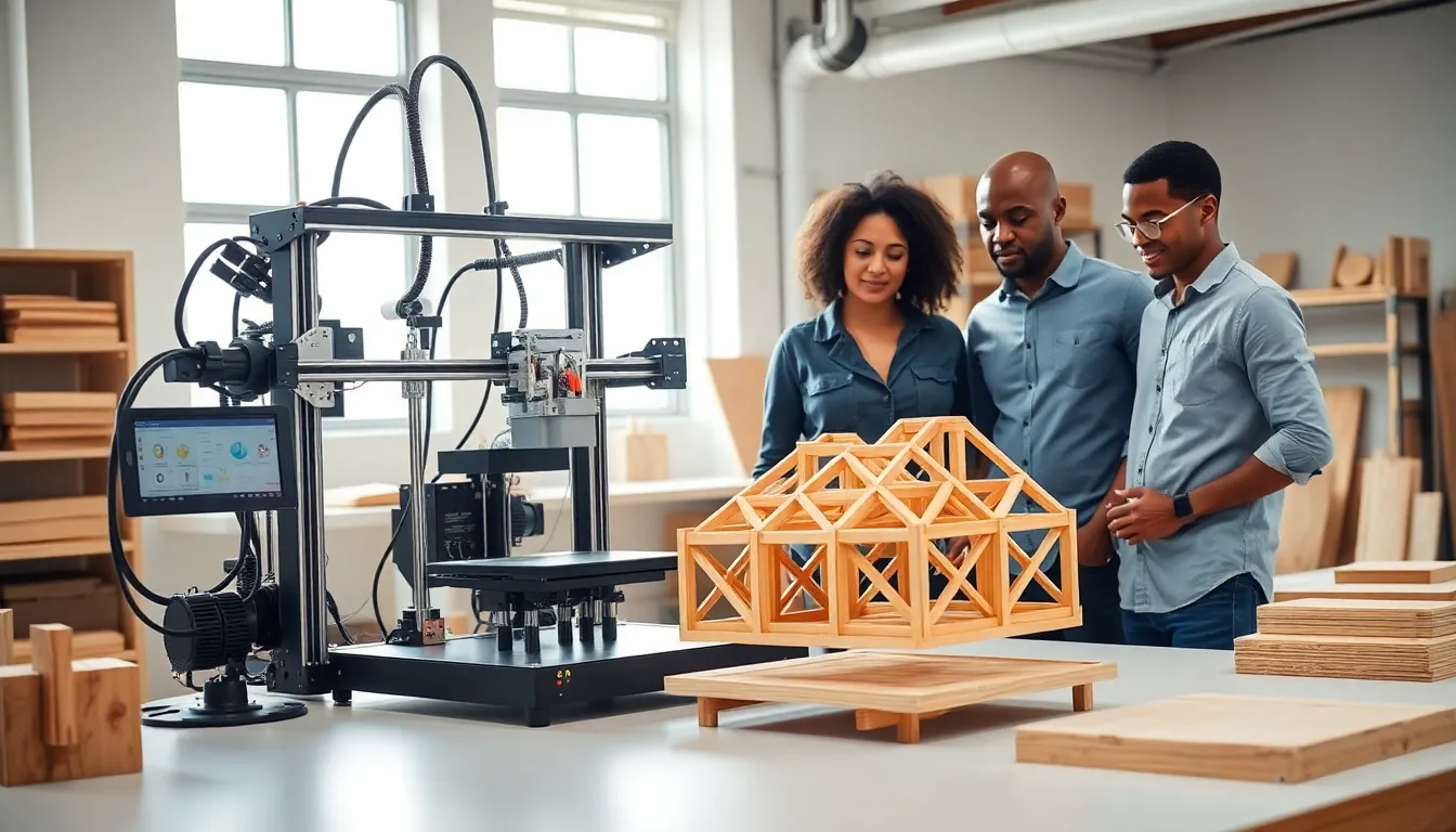 diverse team observing a 3D printer creating a wooden object in a workshop.