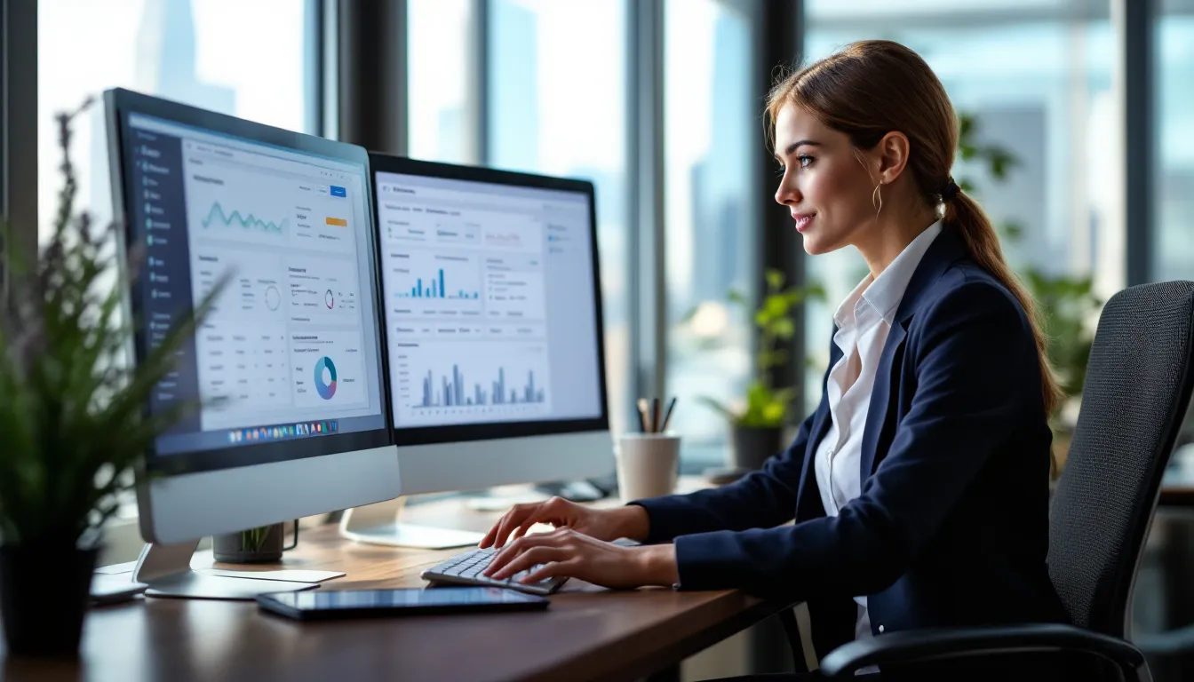 Business professional analyzing website performance metrics on computer monitors in modern office
