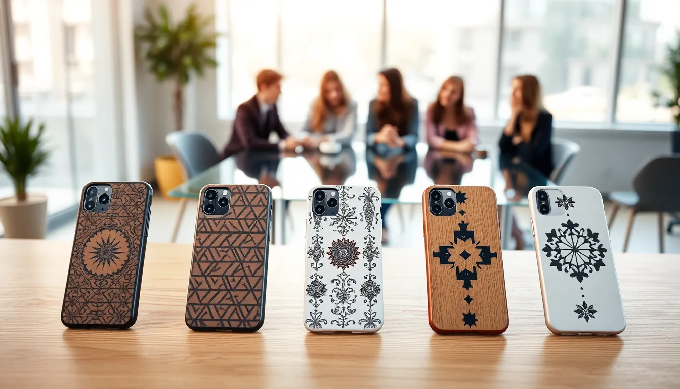 Stylish telefånskal cases on a wooden surface in a modern workspace.