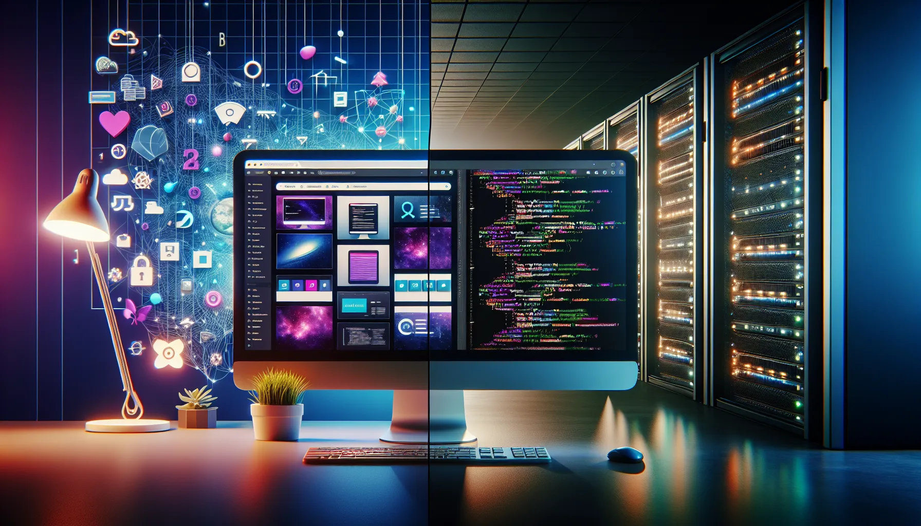 A dual-view representation of frontend and backend web development environments.