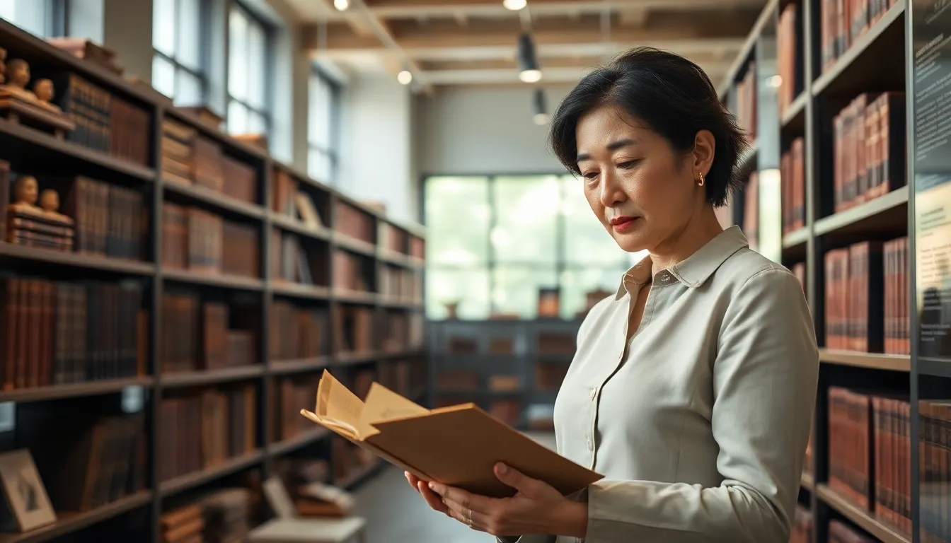 scholar examining ancient texts in a modern library.