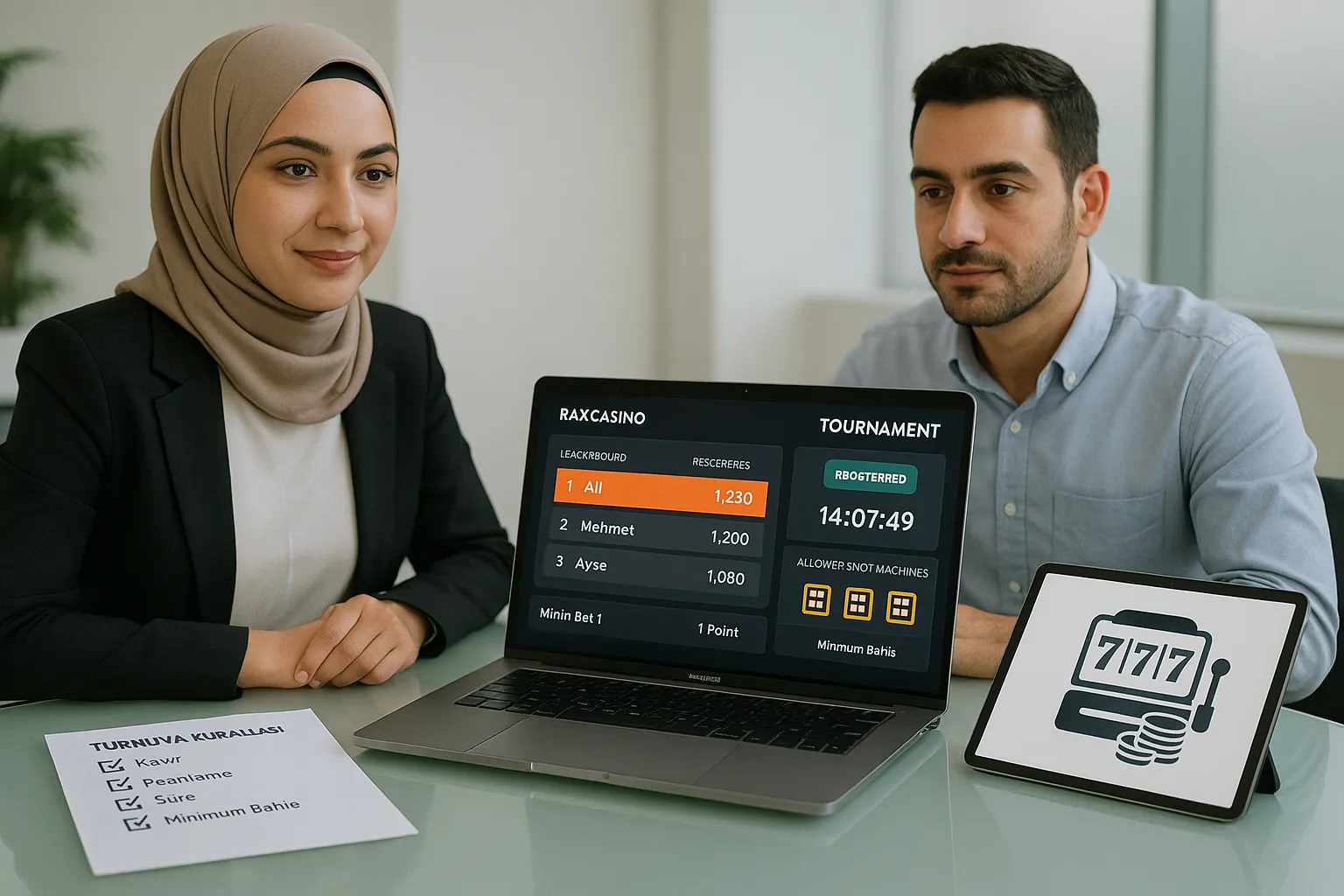 Professionals reviewing a slot tournament dashboard and checklist in a modern office.