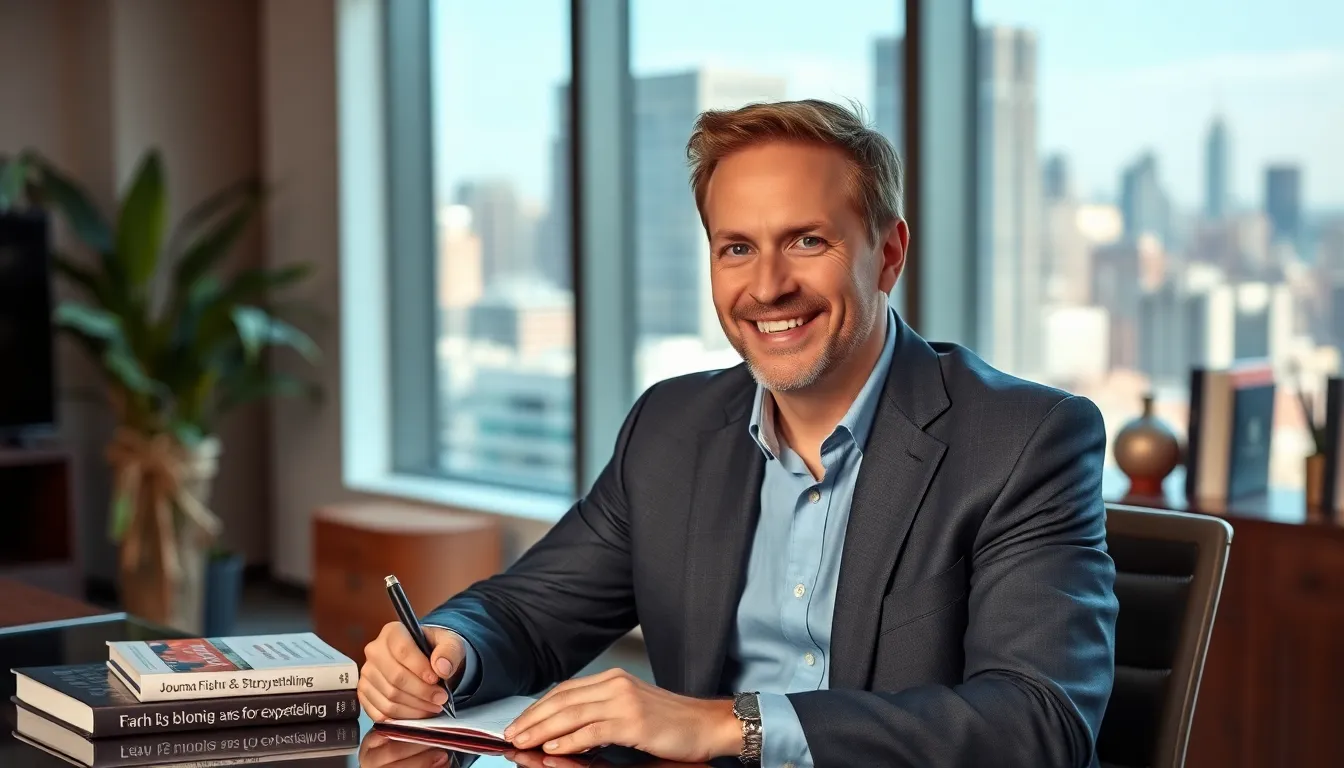 Frank Fisher in a modern office, smiling and engaged in his work.