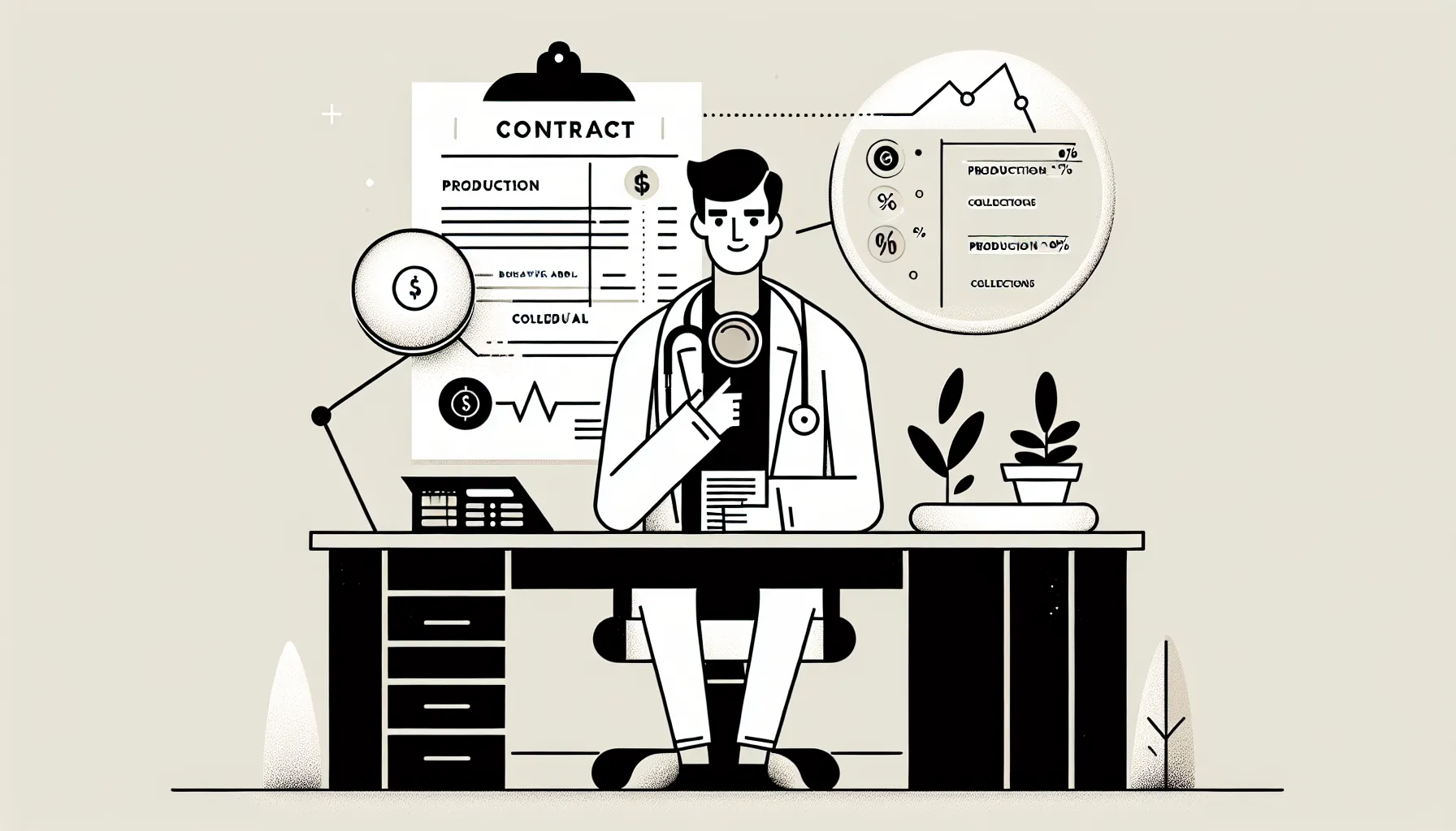 Veterinarian examining an employment contract with magnifying glass and paystub.
