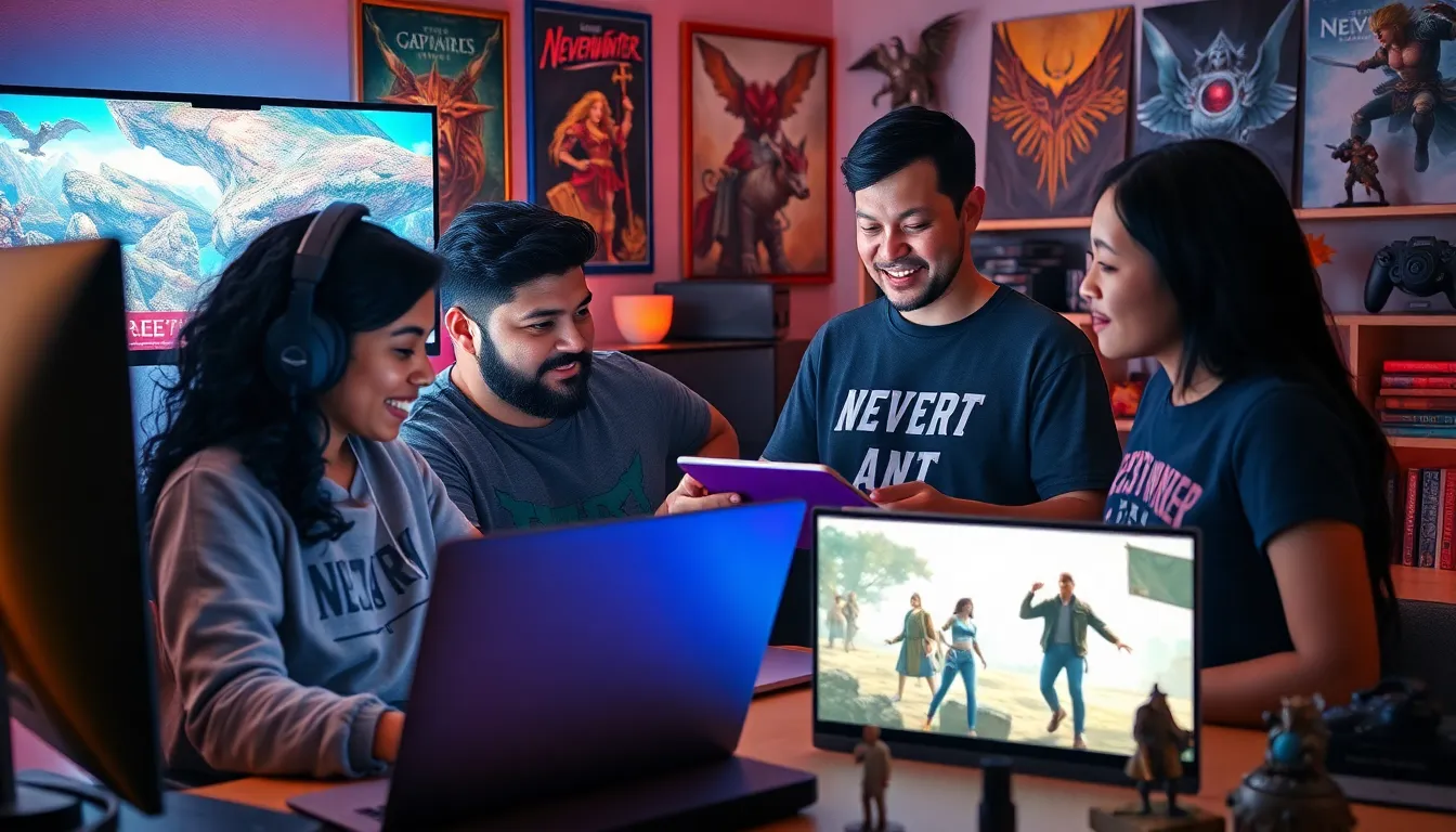 gamers discussing Neverwinter in a vibrant digital workspace.