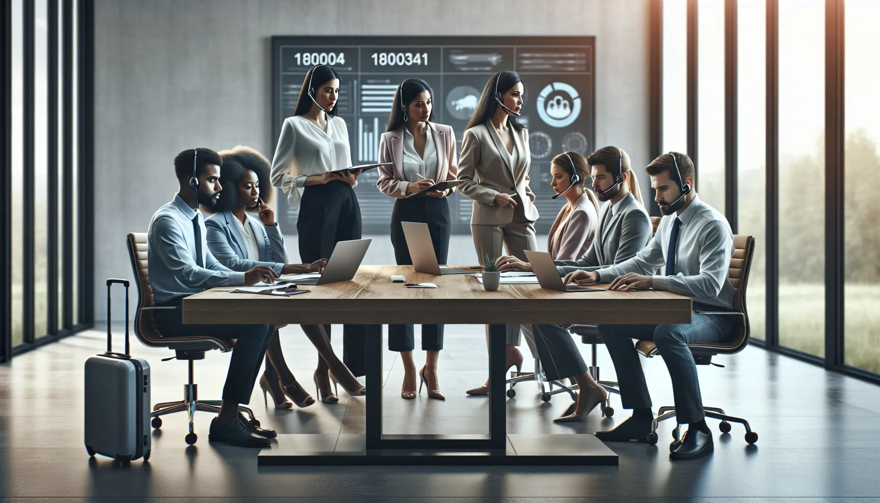 diverse team collaborating in a customer service office setting.