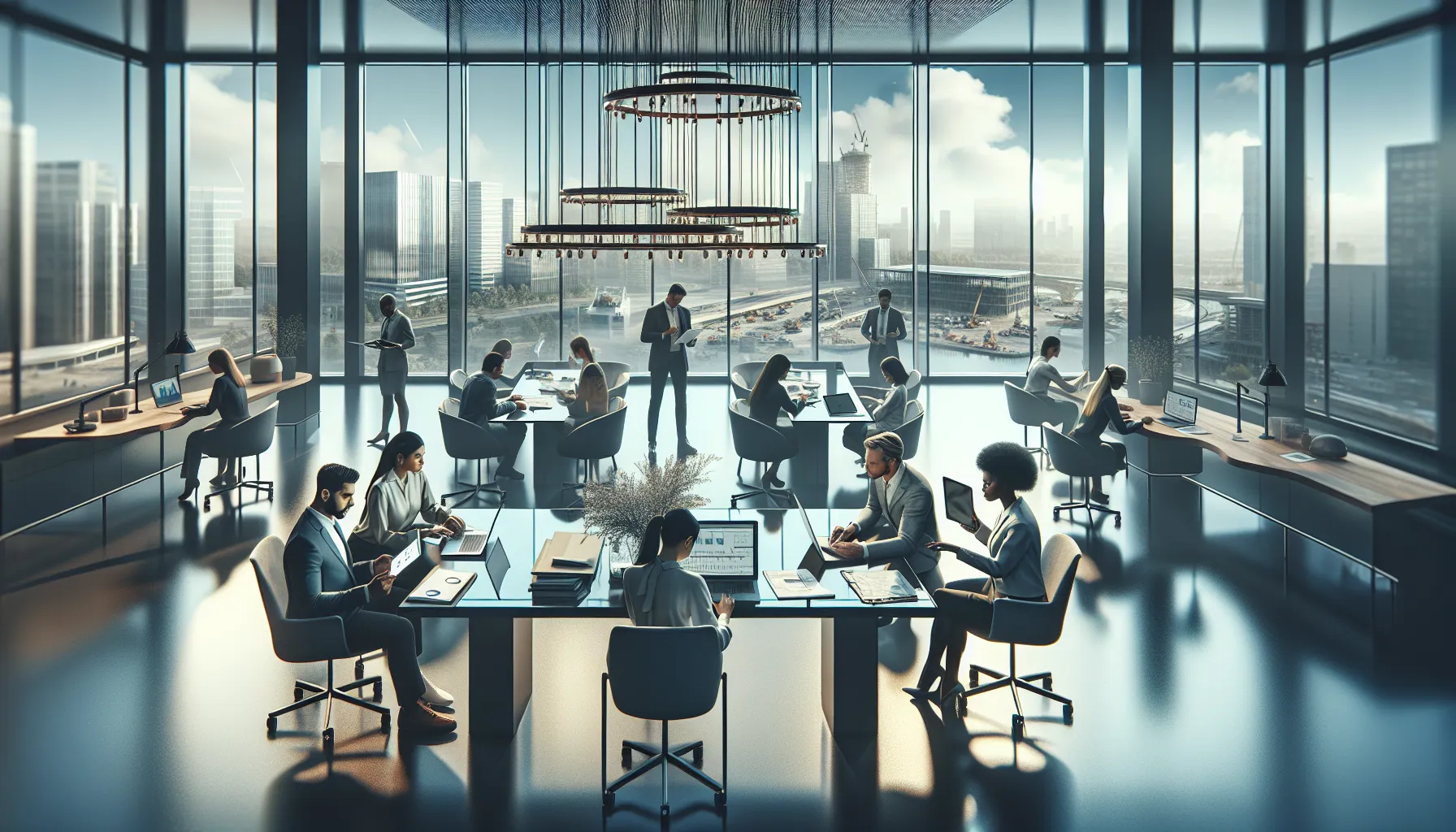 Construction professionals collaborating in a modern workspace.