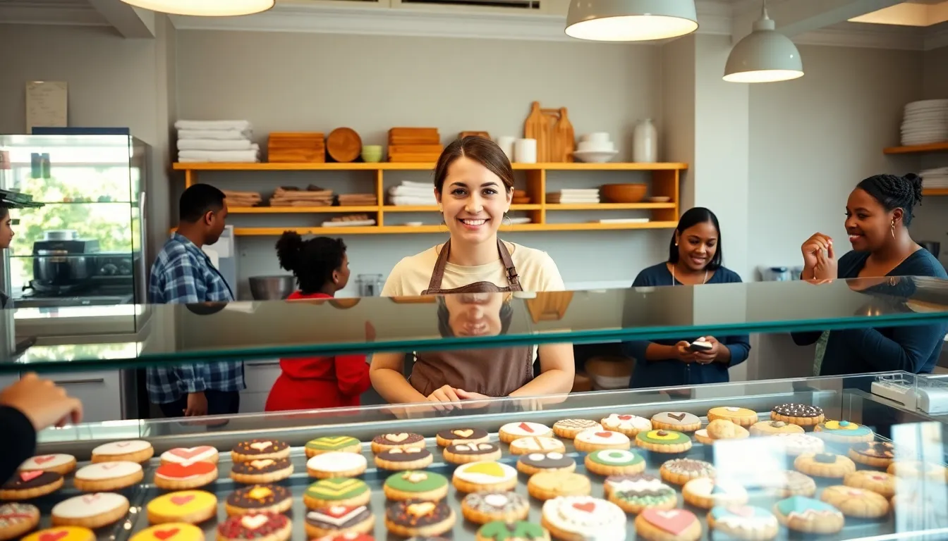 Mary in a modern bakery engaging with happy customers.