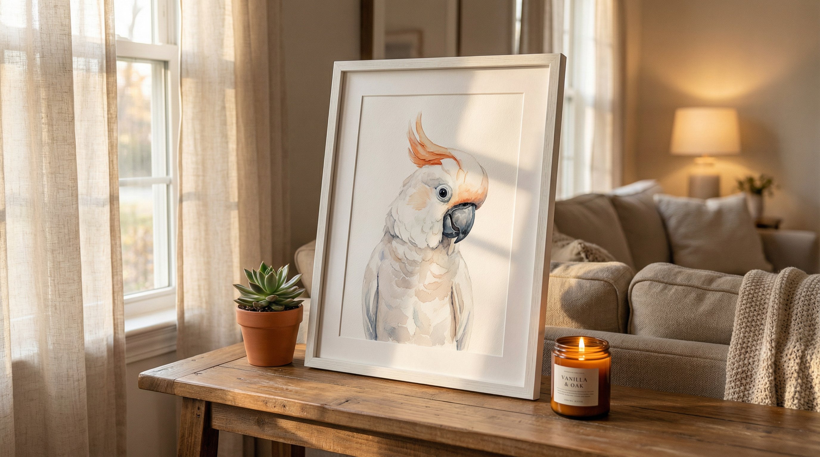 Framed watercolor portrait of a white cockatoo on a cozy living room table.