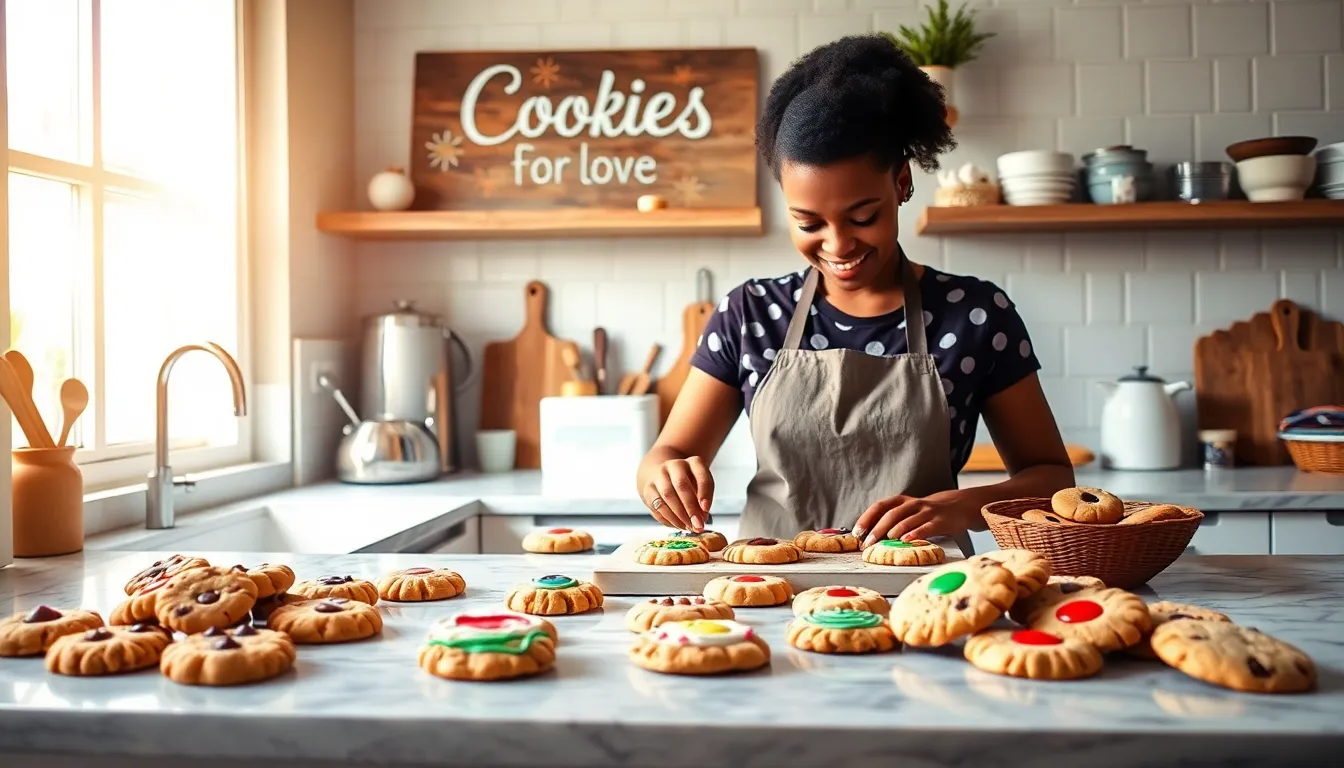diverse baker decorating cookies in a warm kitchen.