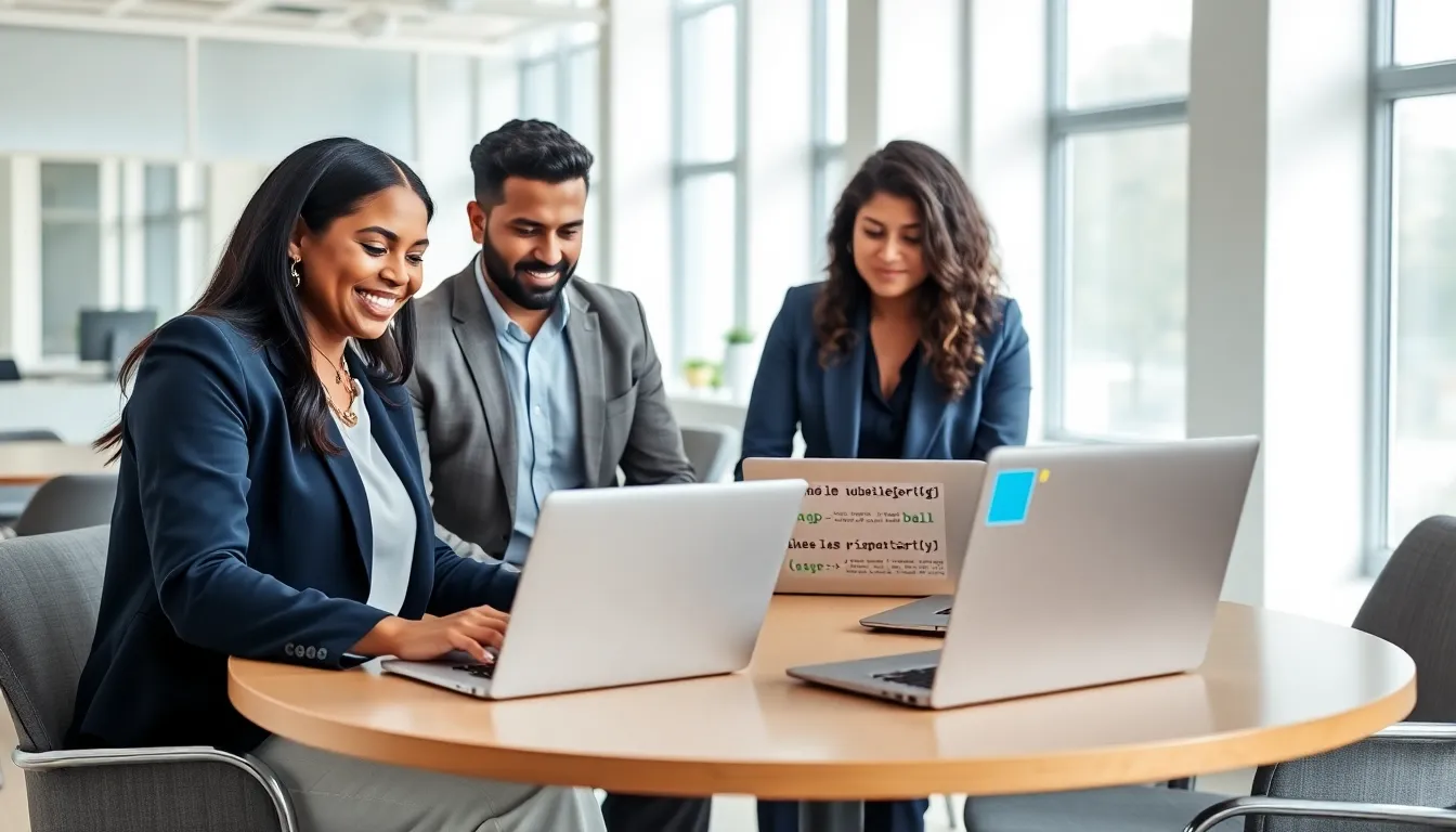 diverse team using bubble coding software in a modern office.