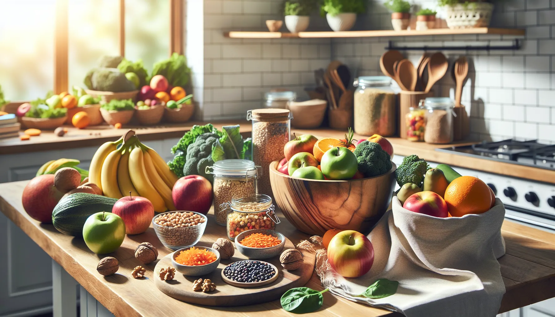 A table displays fruits, vegetables, grains, and nuts representing a Whole Food Plant-Based diet.