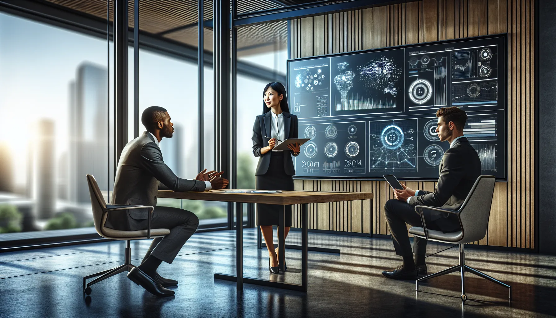 diverse team collaborating in a modern office setting focused on technology.