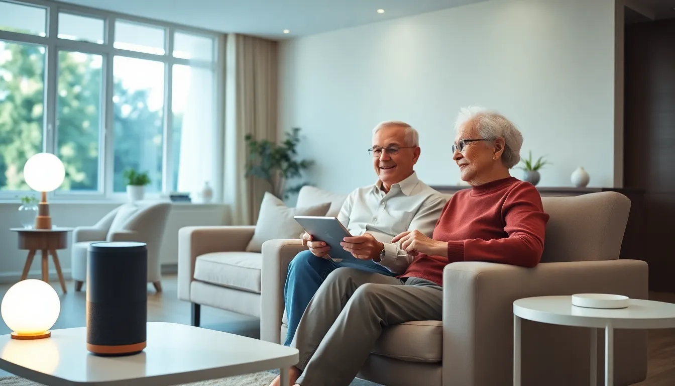 elderly couple using smart home devices in a modern living room.